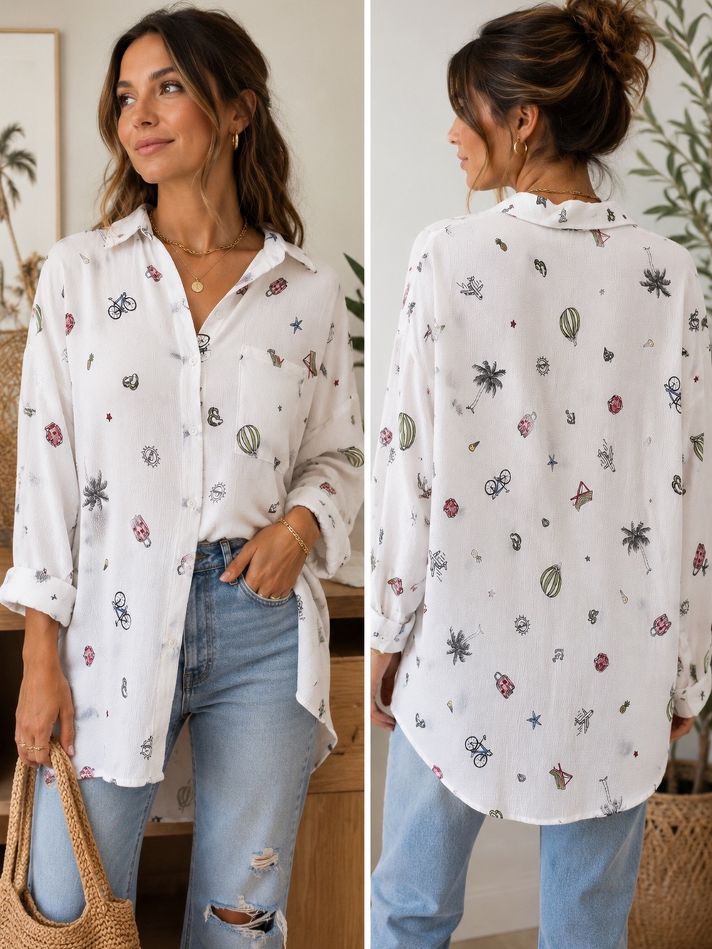 Forever 21 White Novelty Print Button Front Blouse Hi-Low Hem Size S